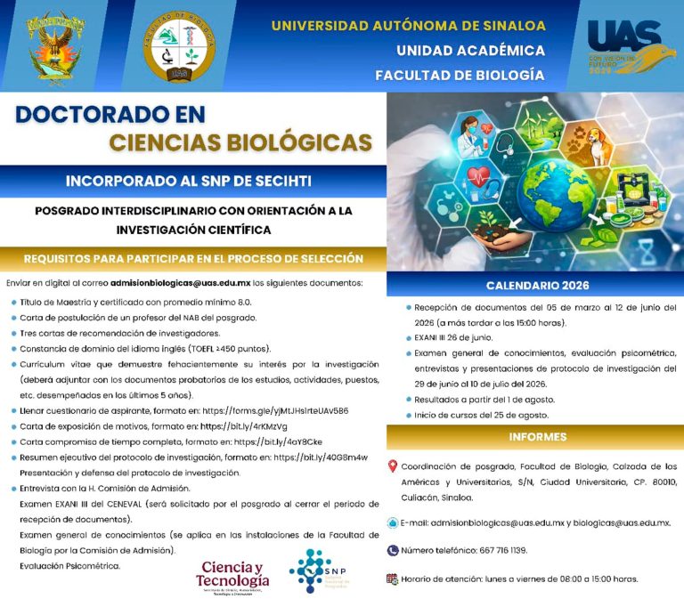 Abre la Facultad de Biología UAS convocatoria para Posgrados en Ciencias Biológicas 2026; únete al claustro de investigadores de alto nivel
