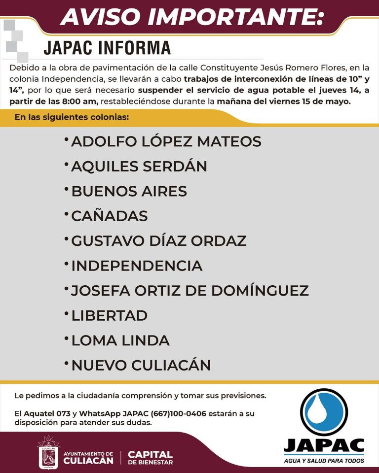 Por trabajos de pavimentación, habrá suspensión de servicio de agua en 10 Colonias de Culiacán 